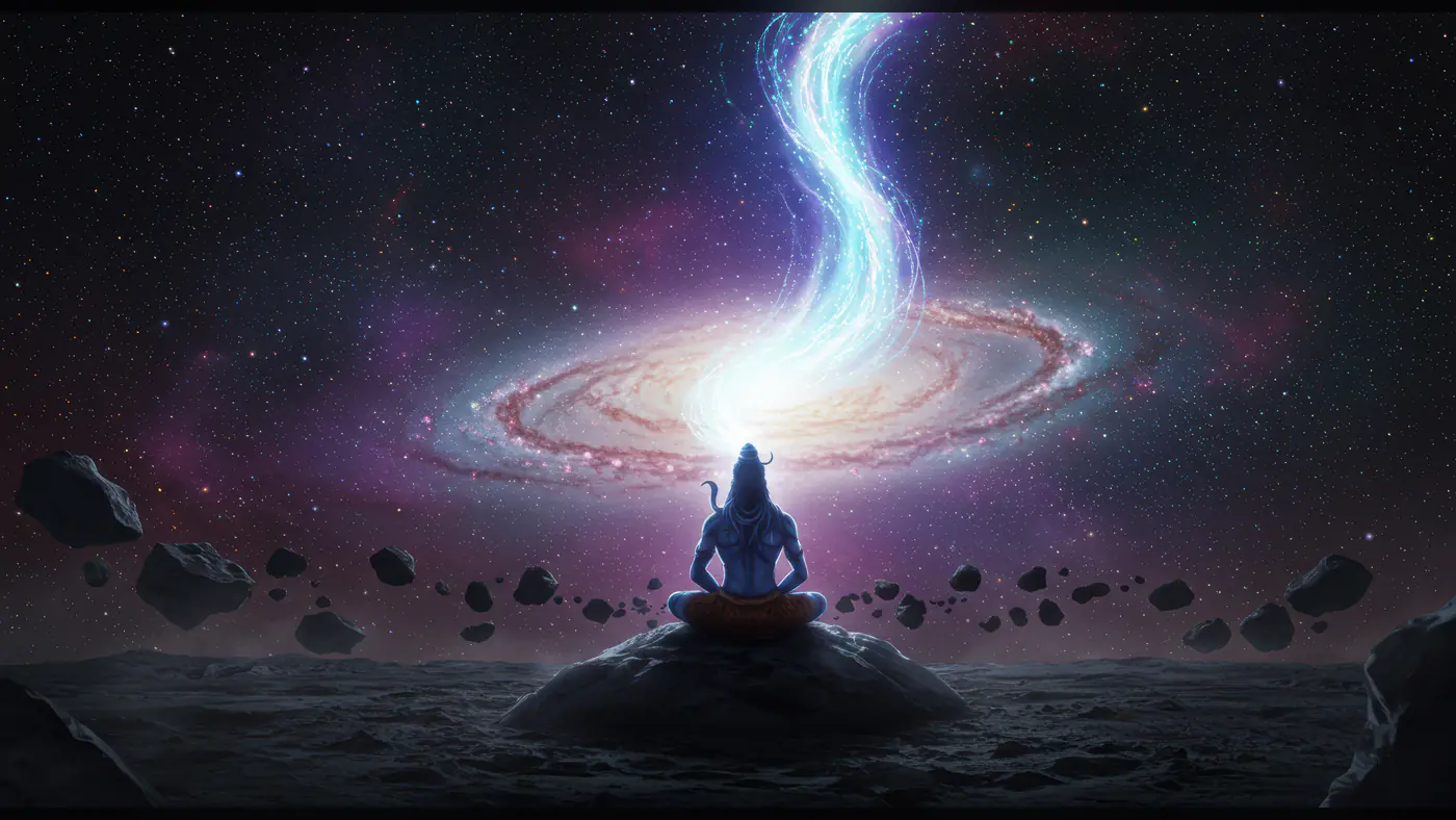 Lord Shiva Meditating Before a Galactic Spiral Energy in Outer Space