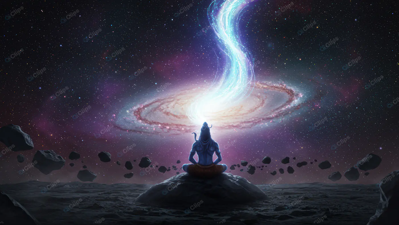 Lord Shiva Meditating Before a Galactic Spiral Energy in Outer Space