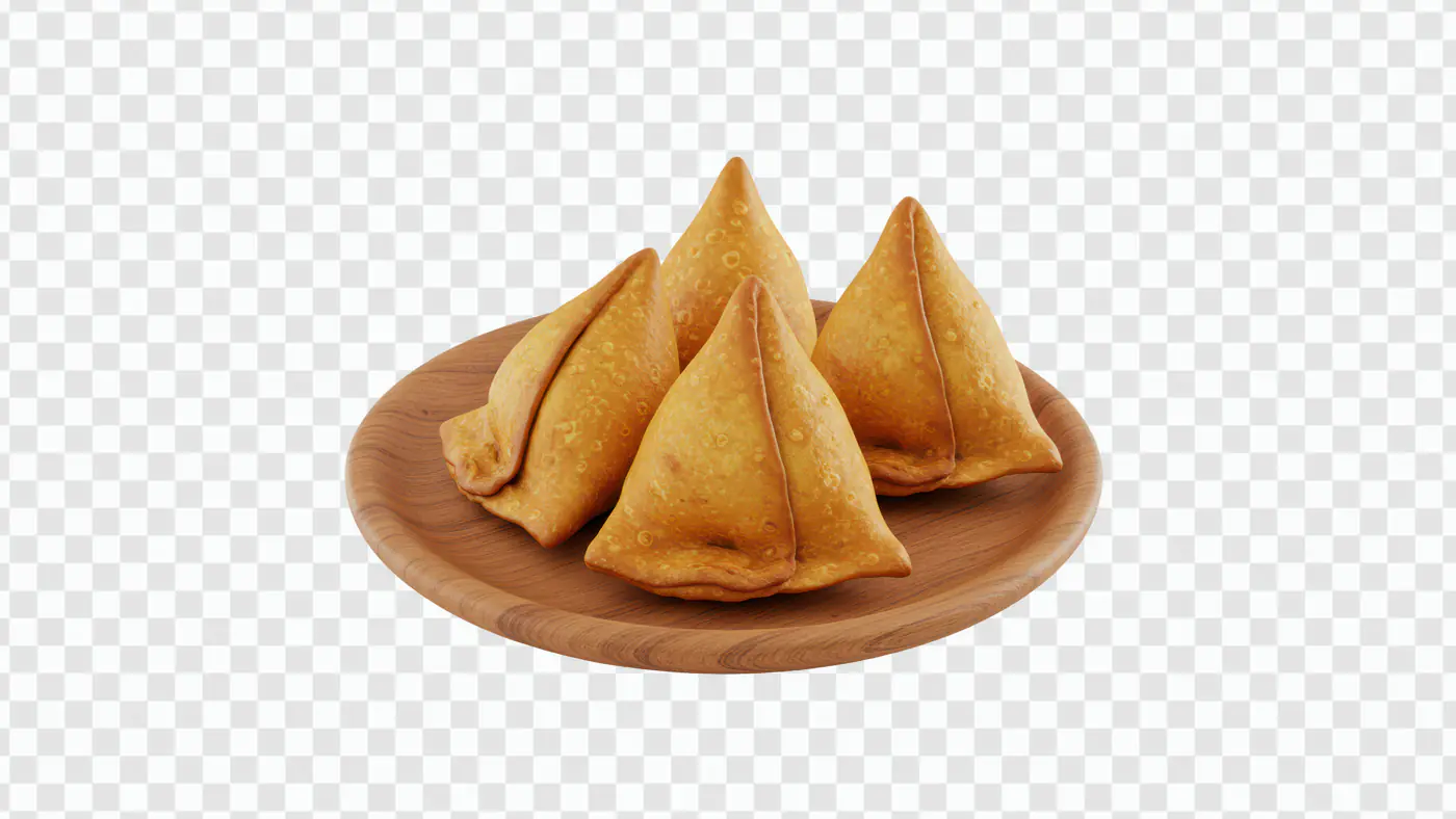 Indian Samosa PNG with 4 Pieces on Wooden Plate – Authentic Snack Visual