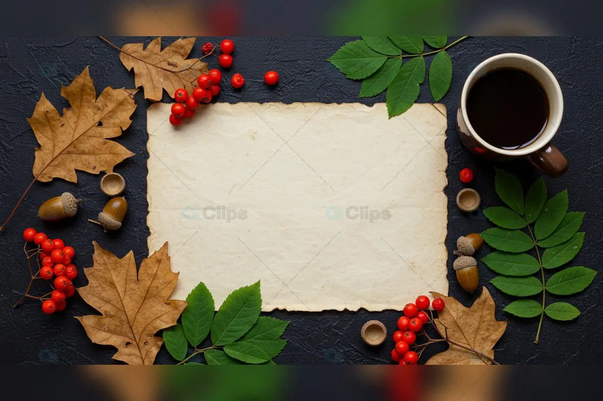 Autumn Flat Lay with Vintage Paper Template and Coffee