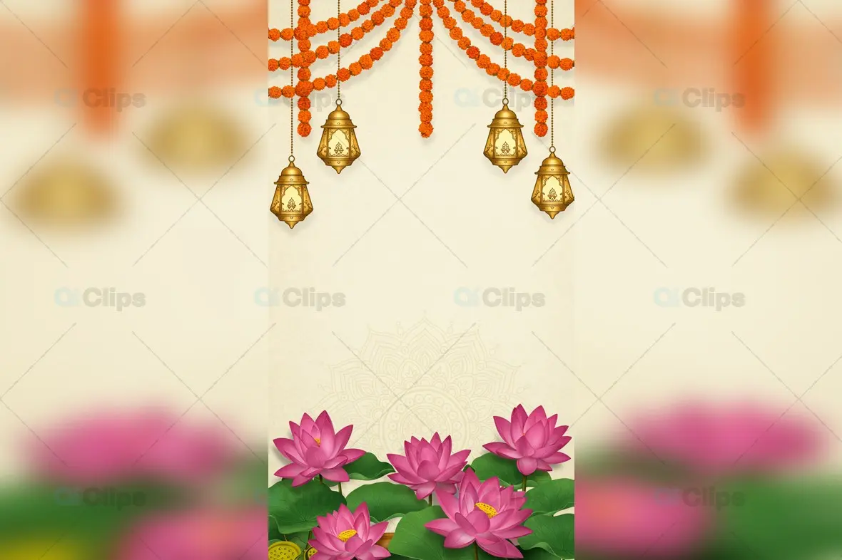 Diwali Template with Marigold Garlands and Pink Lotus Flowers