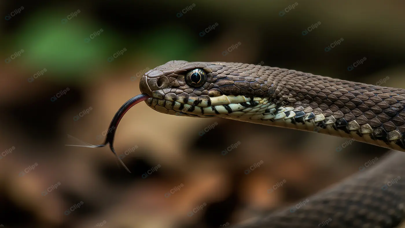 Close-Up of Brown Snake with Forked Tongue Out in Forest Environment
