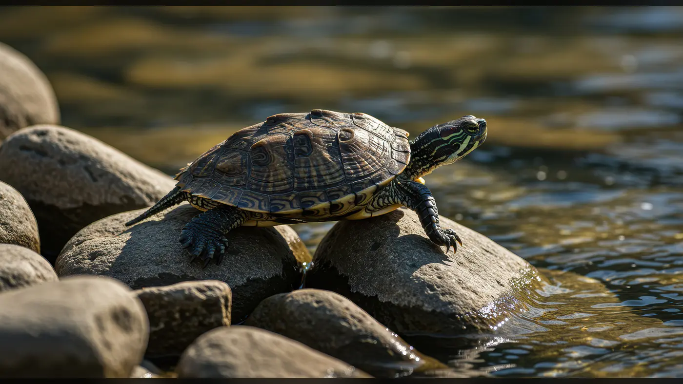 Turtle Basking on River Rocks in Natural Sunlight