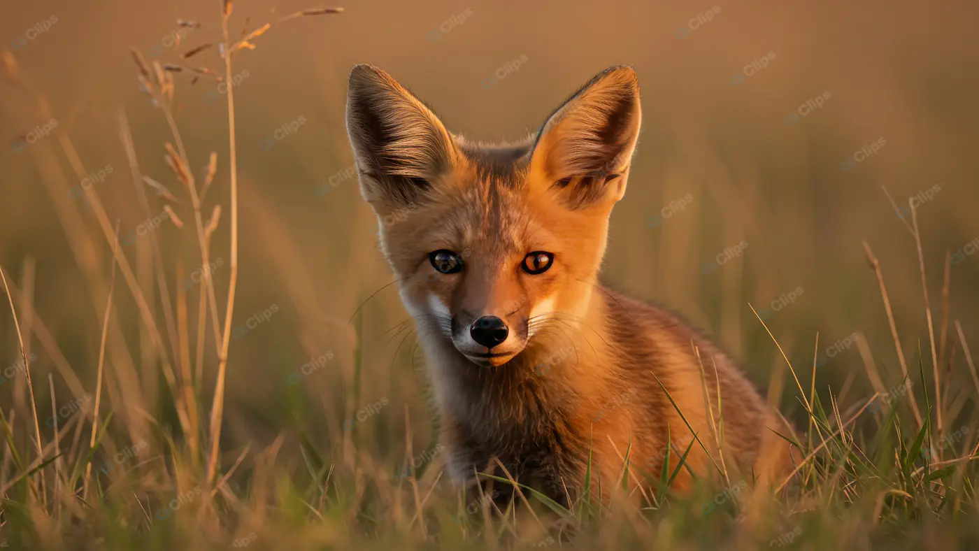 Curious Fox Cub in Golden Grass at Sunset