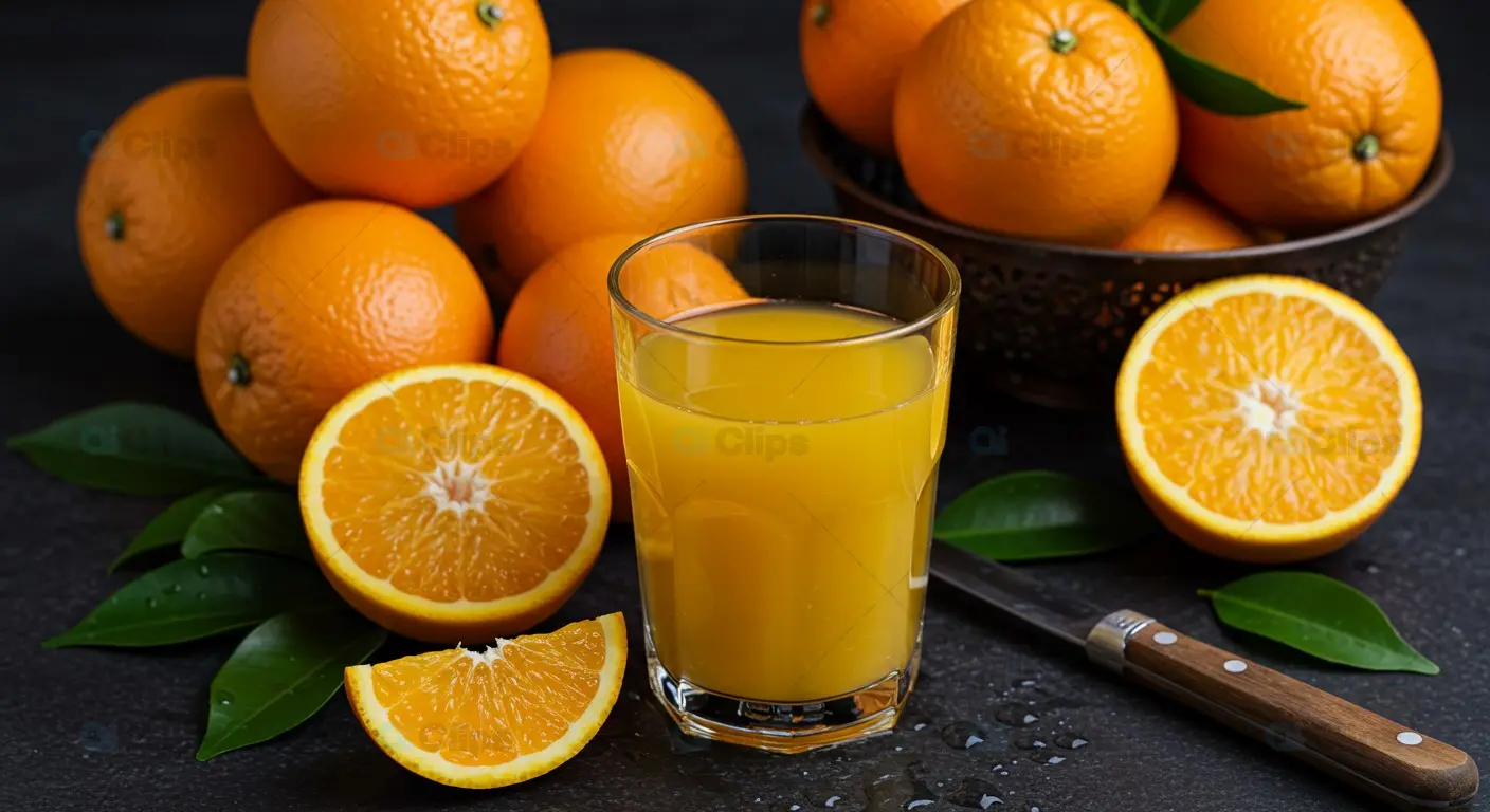Fresh Orange Juice with Whole Oranges on Dark Surface