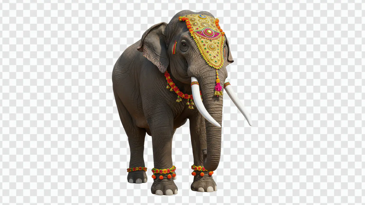 Indian Festival Elephant Decorated with Floral Garlands and Ornate Headpiece