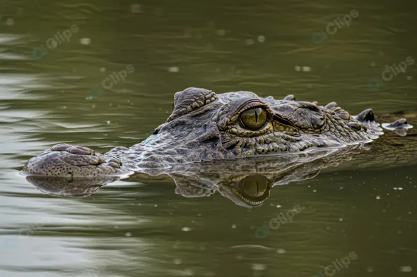 Stealthy Crocodile Floating in Still Water with Sharp Eye Focus