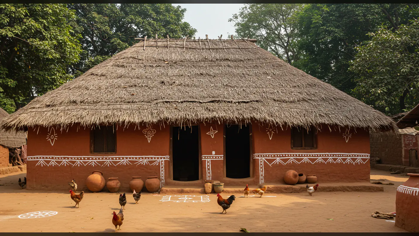 Traditional Indian Village Mud House with Tribal Wall Art and Clay Pots