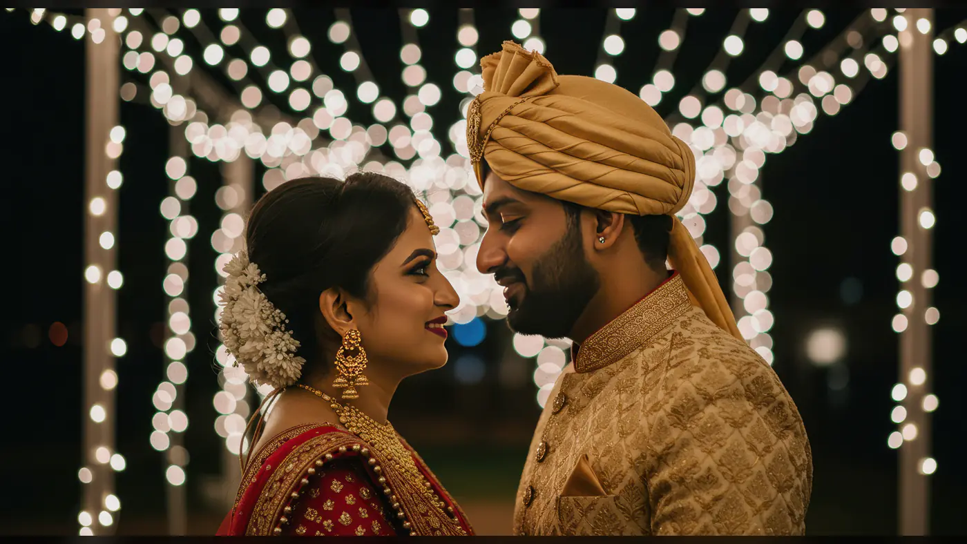 Romantic Indian Couple at Night Wedding with Bokeh Lights