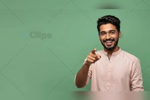 Joyful Male Figure Indicates Direction on Spring Background