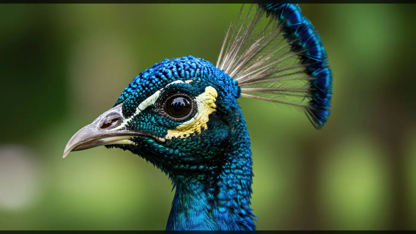 Close-Up of Indian Peacock Head with Detailed Eye and Feather Crown on Green Background