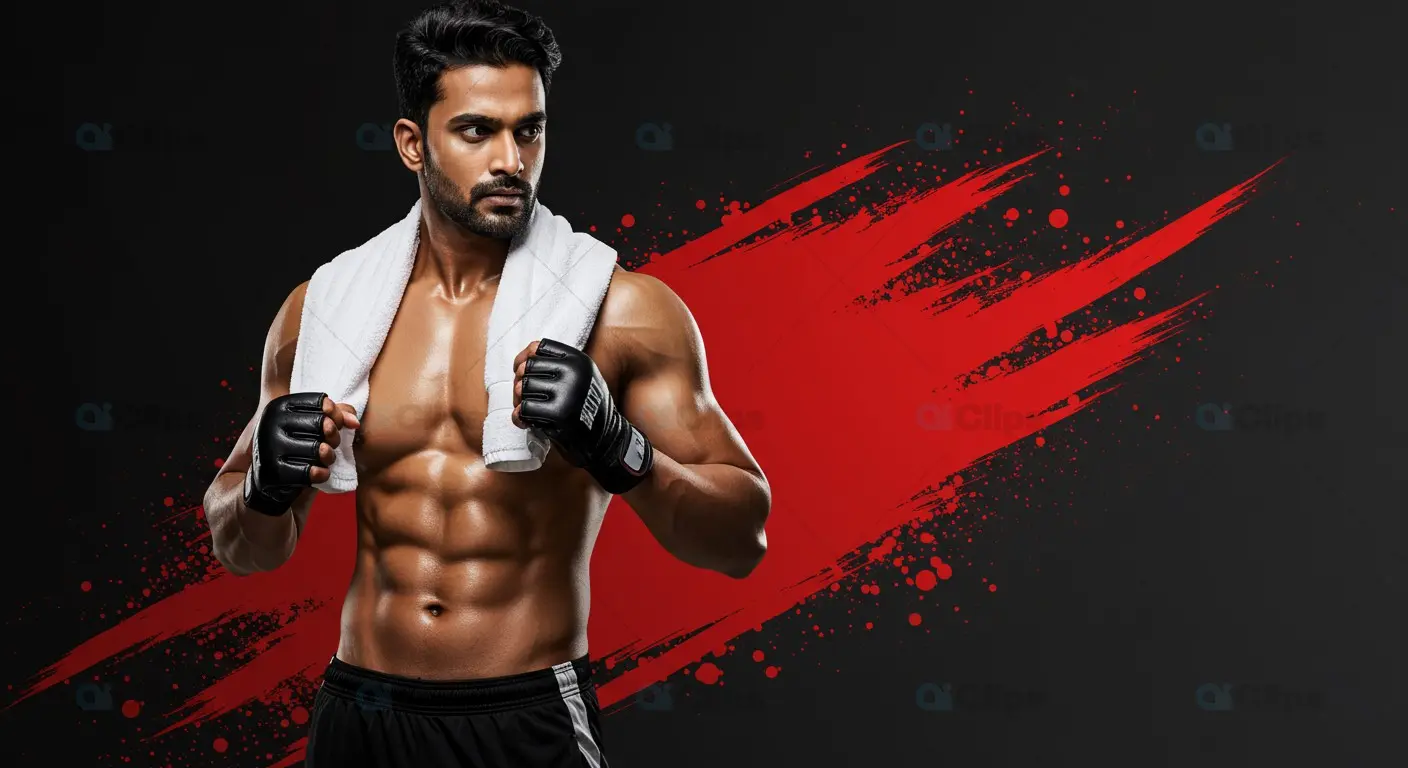 Muscular Indian Athlete with Boxing Gloves and Towel on Black Red Background