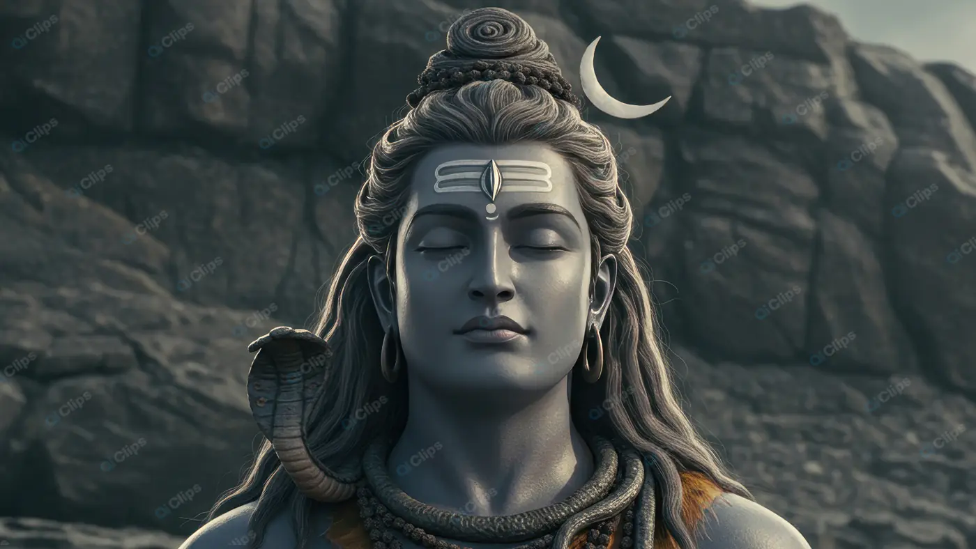 Close-Up Portrait of Lord Shiva in Deep Meditation with Snake and Crescent Moon