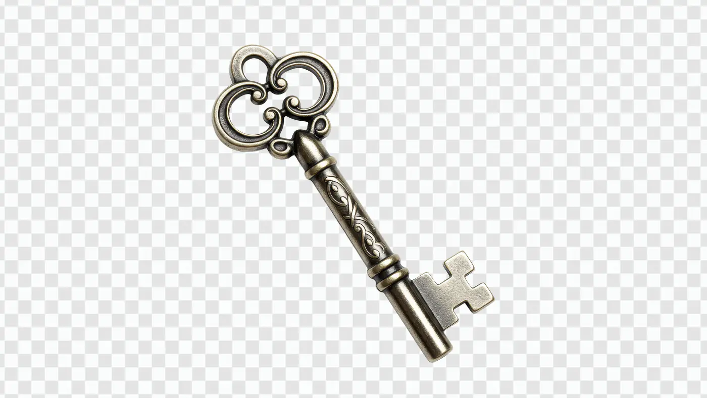 Classic Antique Skeleton Key PNG – Vintage Silver Ornate Key with Transparent Background
