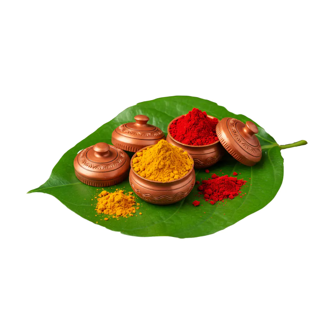 Indian Puja Kumkum and Haldi PNG Clipart in Copper Bowls on Leaf