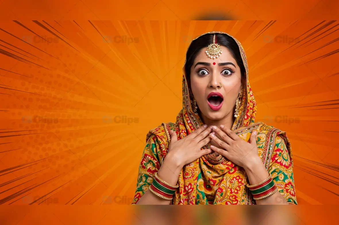 Surprised Indian Woman in Traditional Saree with Comic Background