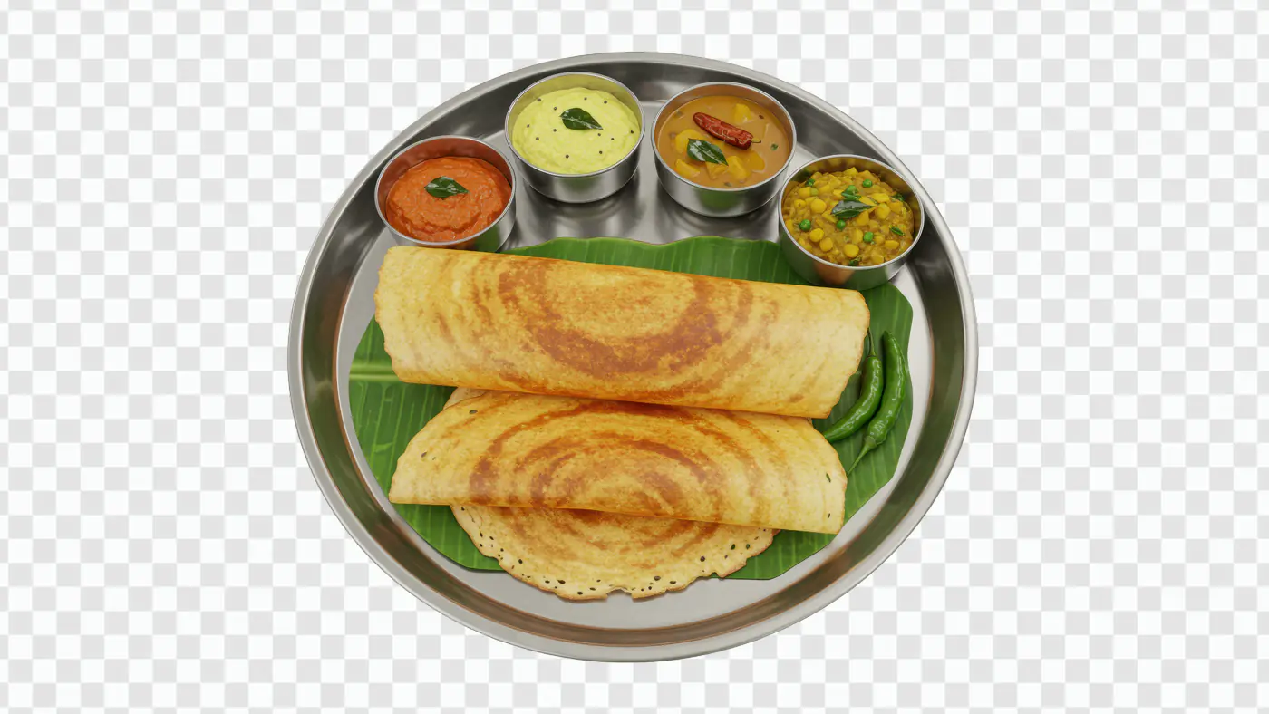 South Indian Dosa Thali PNG with Chutney and Sambar on Banana Leaf