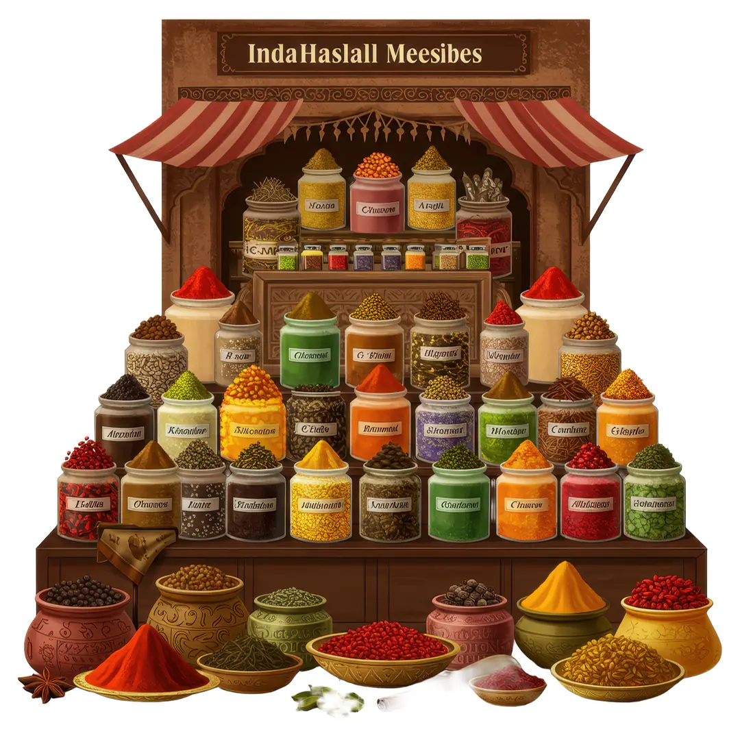 Colorful Indian Spice Market Stall with Jars, Powders, and Herbs