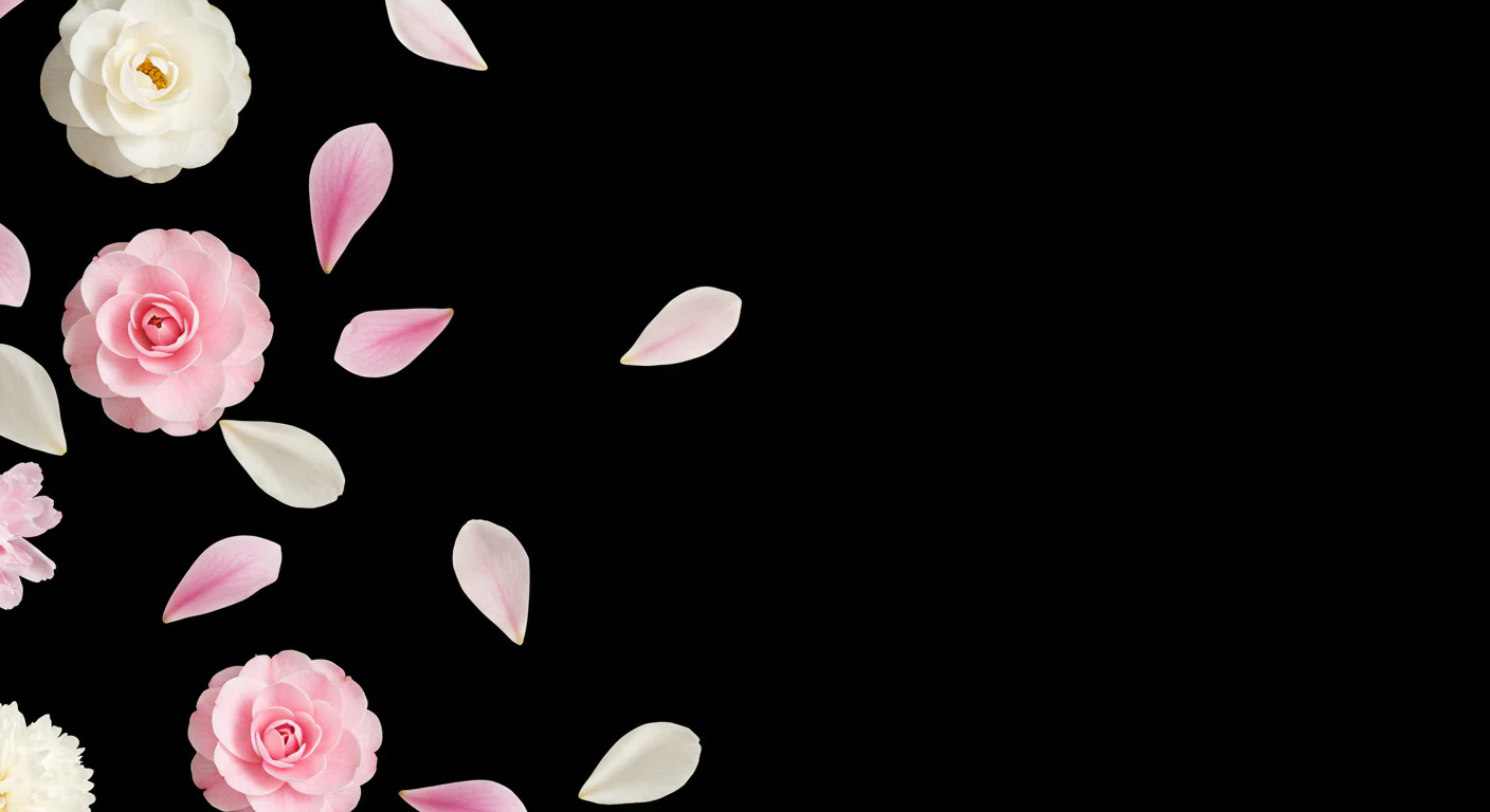 Romantic Pink Petals and Flowers Floating on Black Background