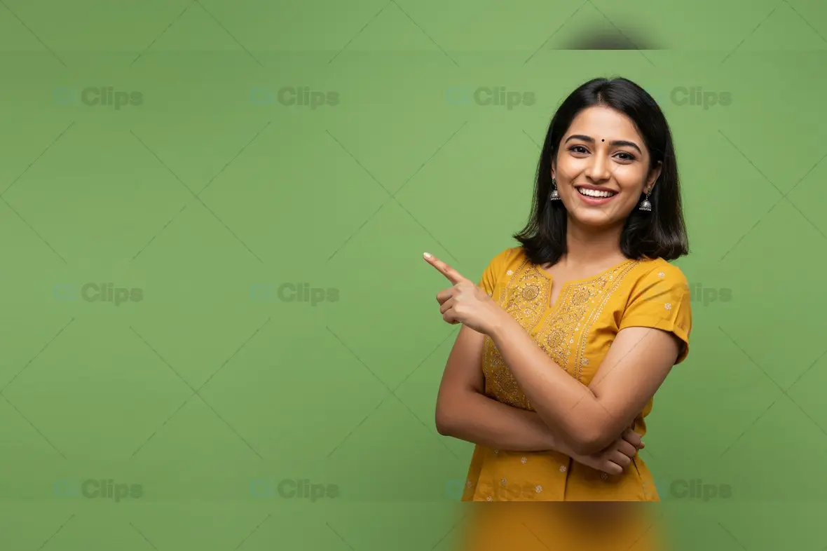 Happy Woman in Yellow Cultural Wear Pointing with Enthusiasm