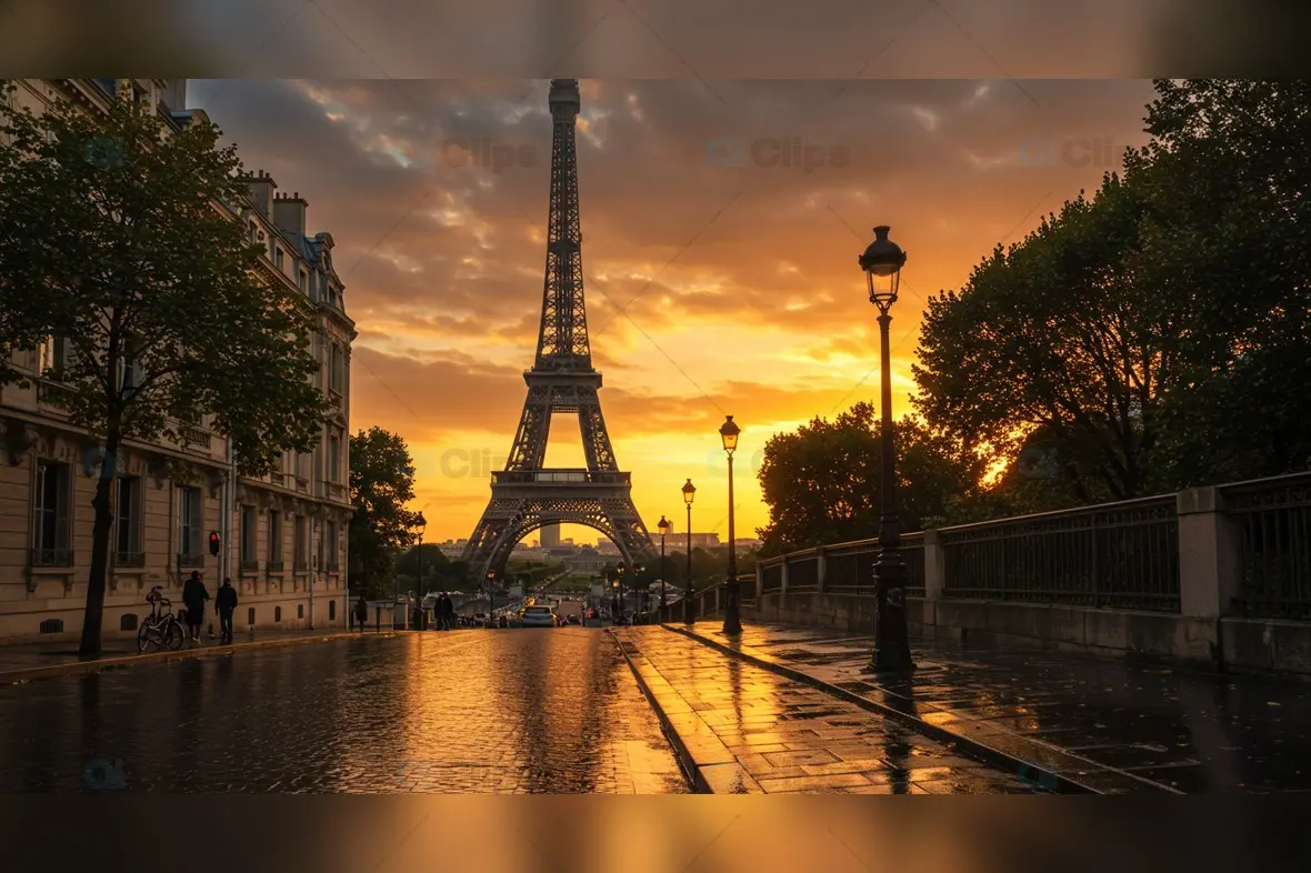 Stunning Sunset over Eiffel Tower - Paris Skyline