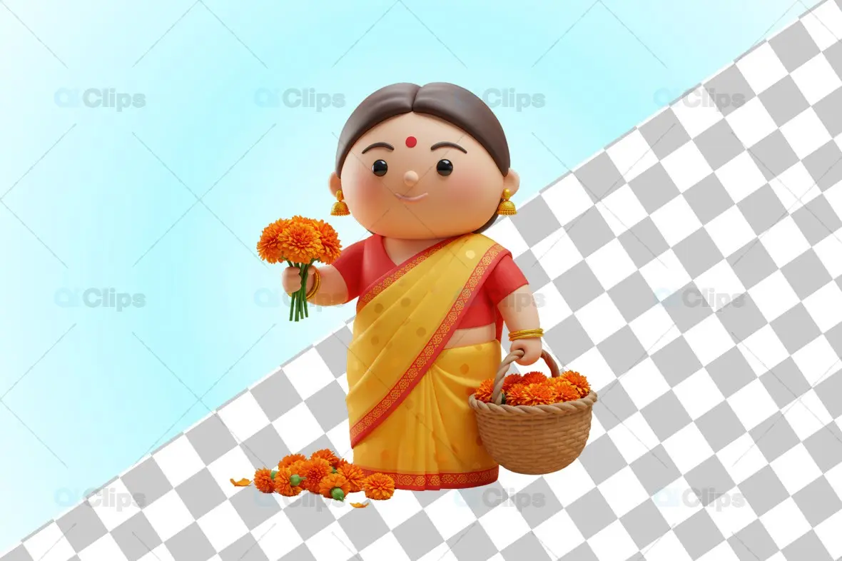 Cheerful Indian Woman in Yellow Saree 3D Illustration with Flowers