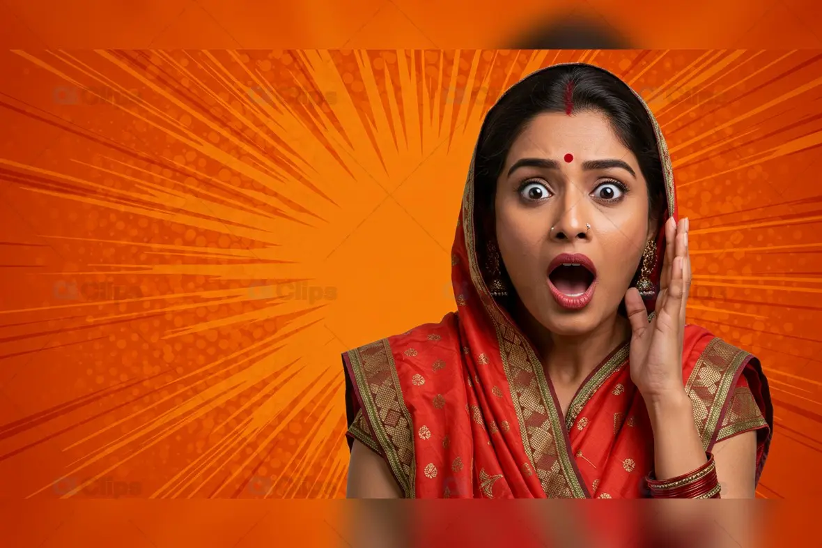 Surprised Indian Woman in Traditional Attire with Comic Background