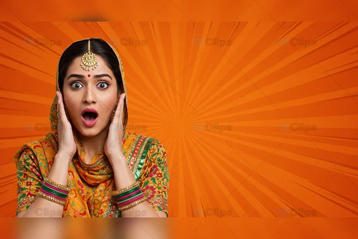 Surprised  Woman in Traditional Attire with Comic-Style Background