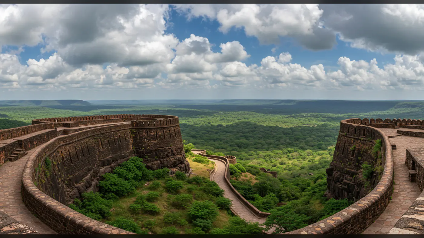 Ancient Indian Fort View with Expansive Green Valley Under Blue Sky