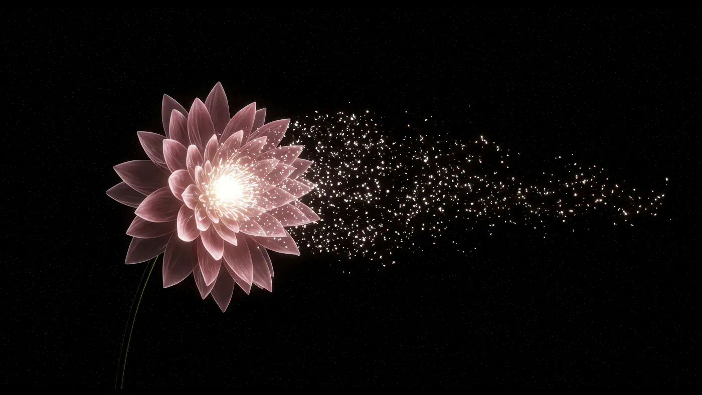 Cosmic Lotus Flower Blooming with Radiant Particle Burst