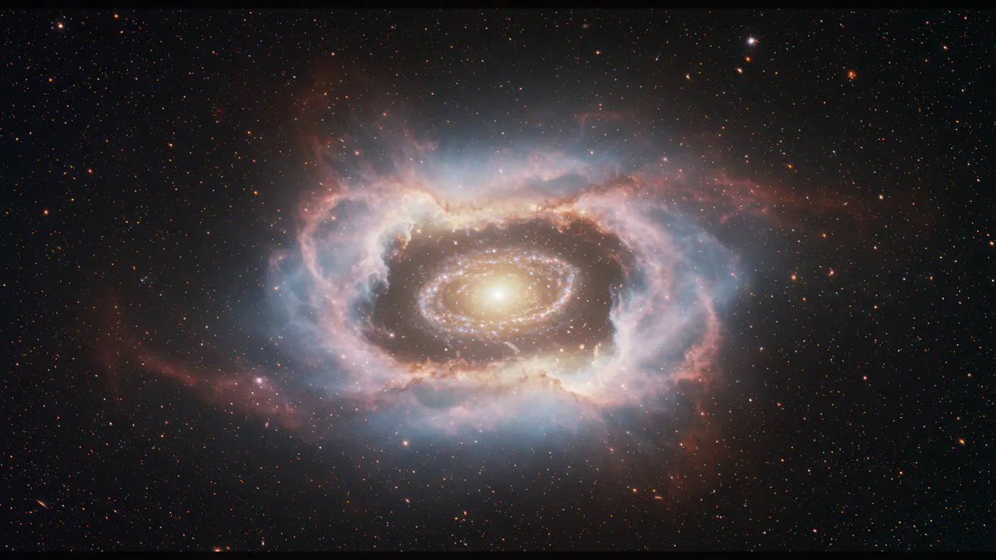 Glowing Spiral Galaxy Encircled by Cosmic Nebula in Deep Space