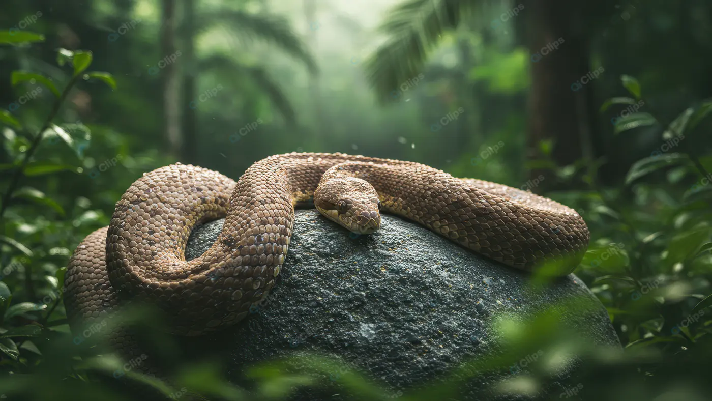 Coiled Brown Snake Resting on Rock in Indian Jungle