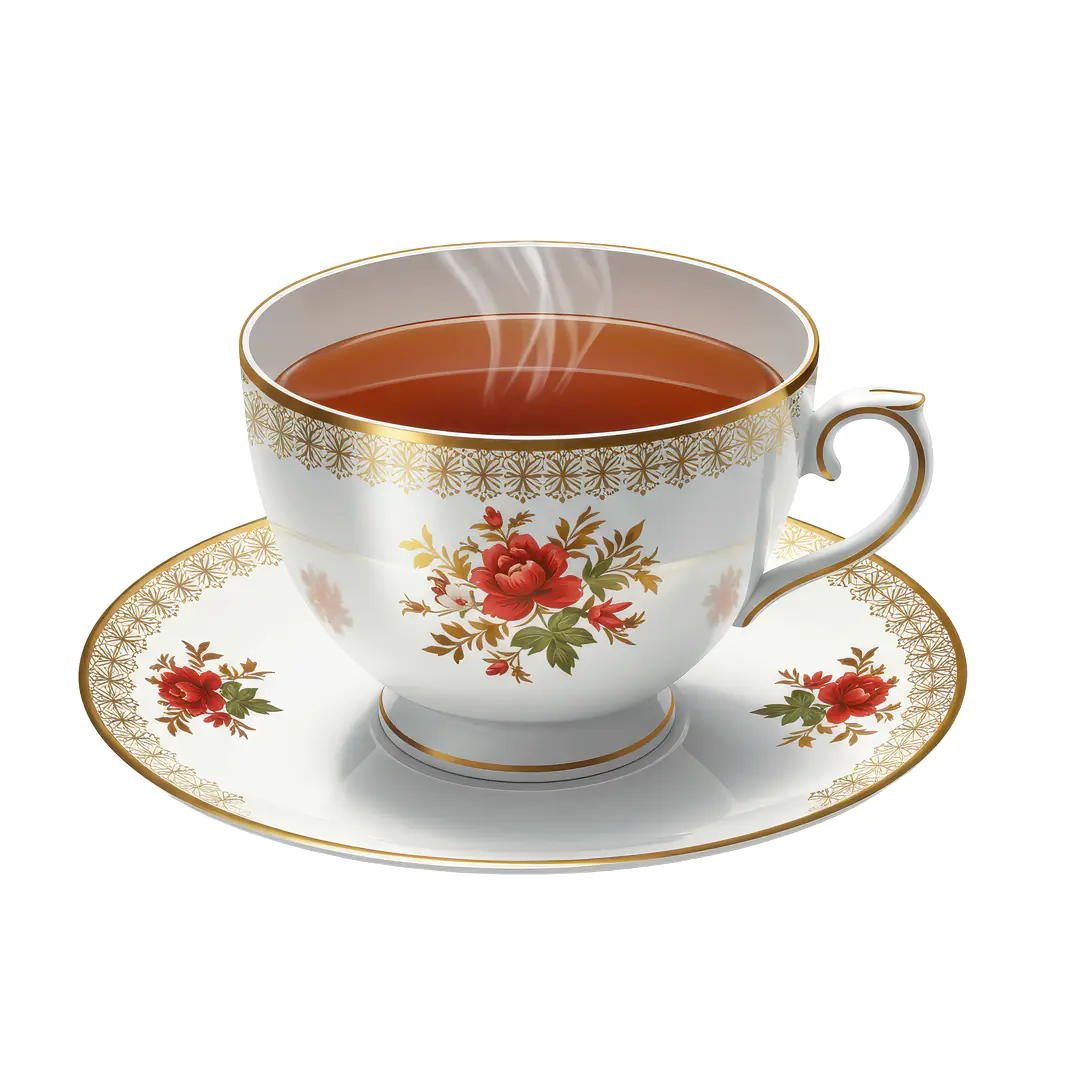 Classic Red Rose Tea Cup PNG – Vintage China with Gold Trim and Saucer