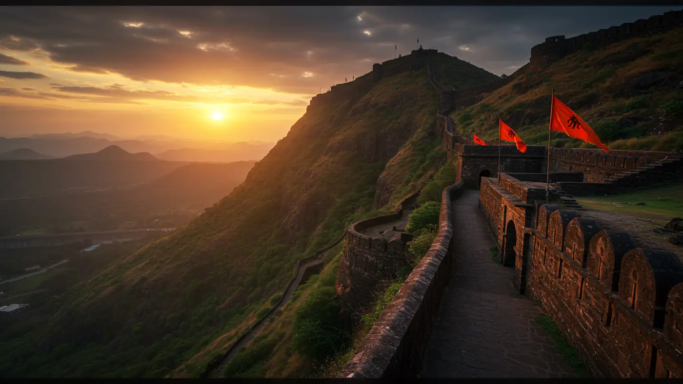 Historic Indian Fort Walkway with Saffron Flags During Sunset