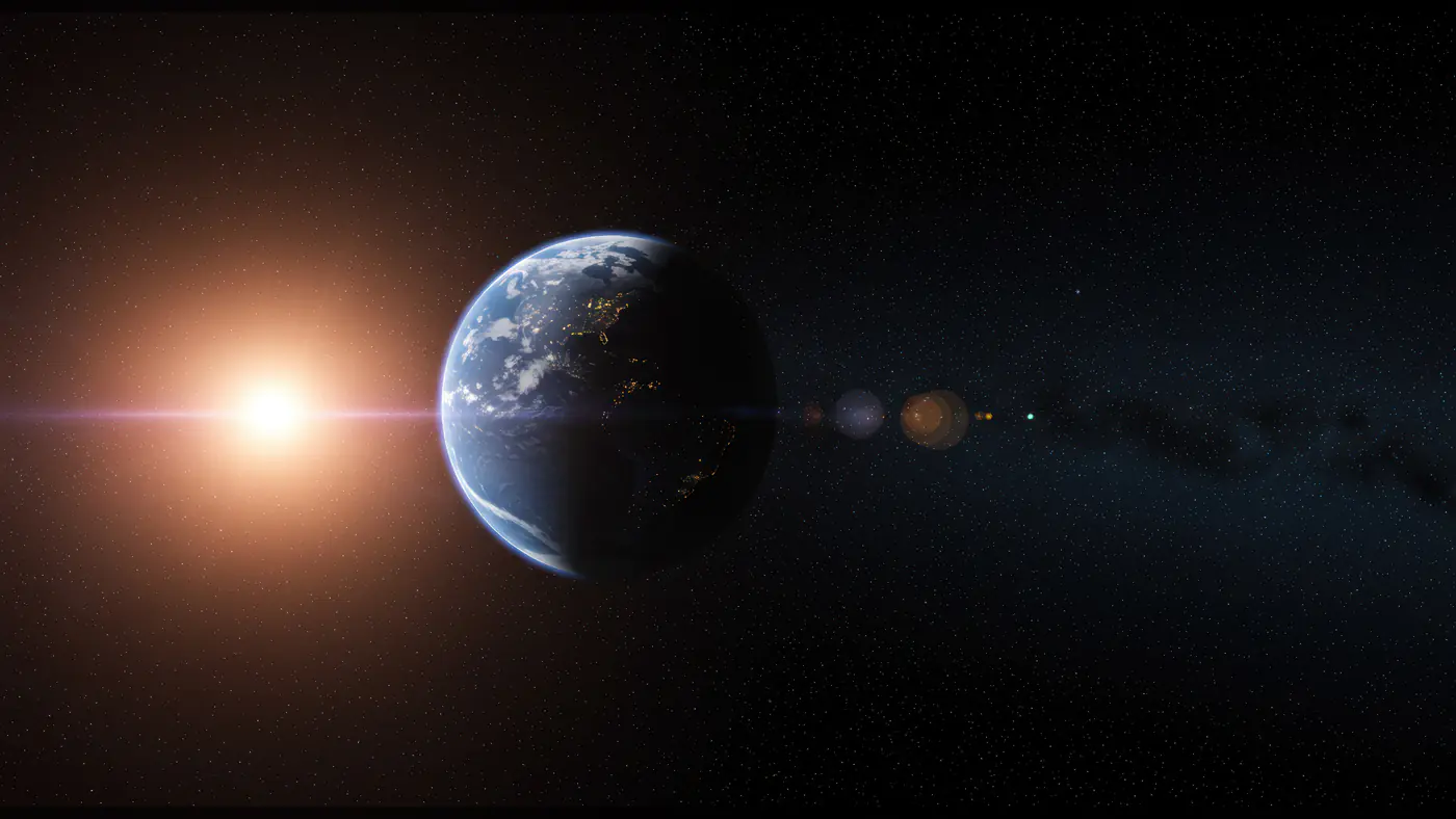 Sunrise Over Earth in Deep Space with Starry Background