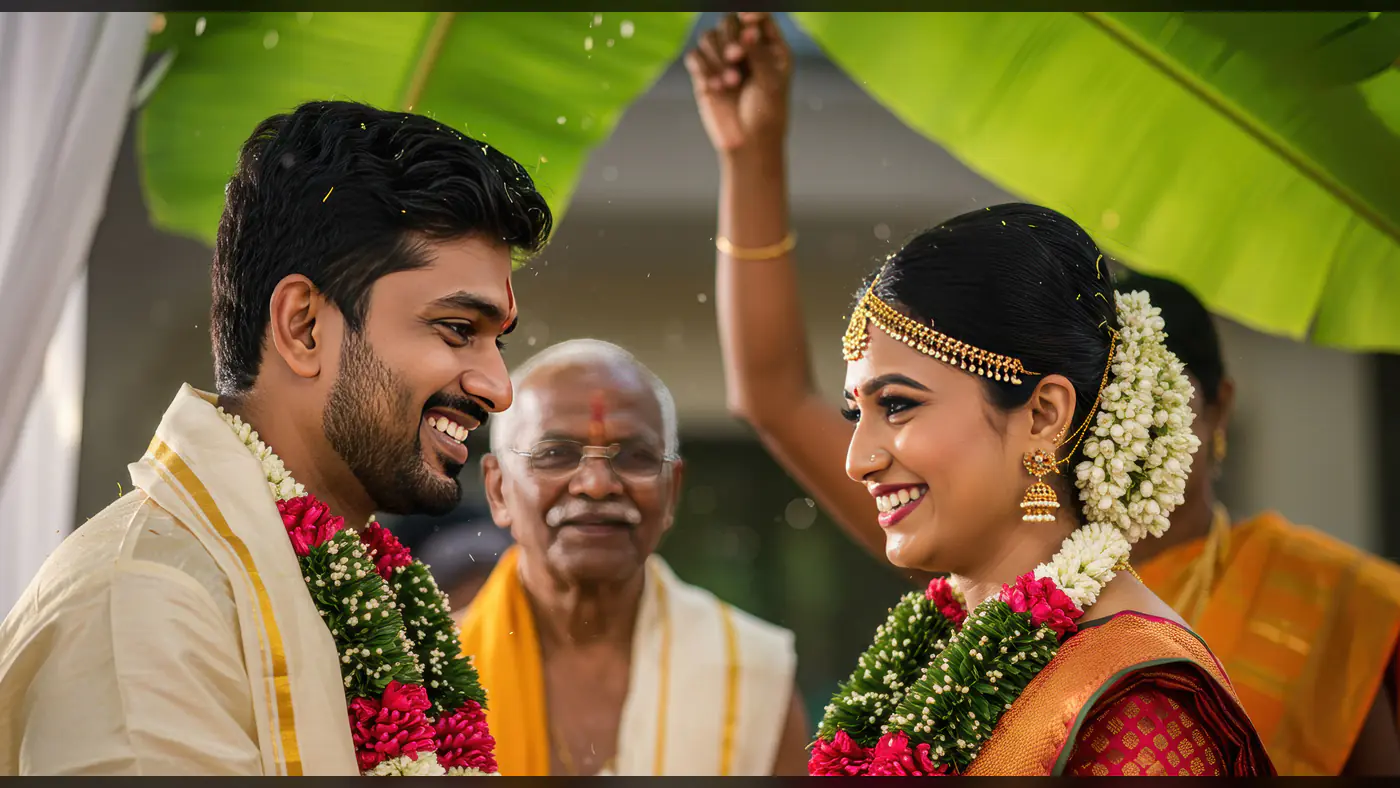 Traditional South Indian Wedding Ritual with Smiling Bride and Groom