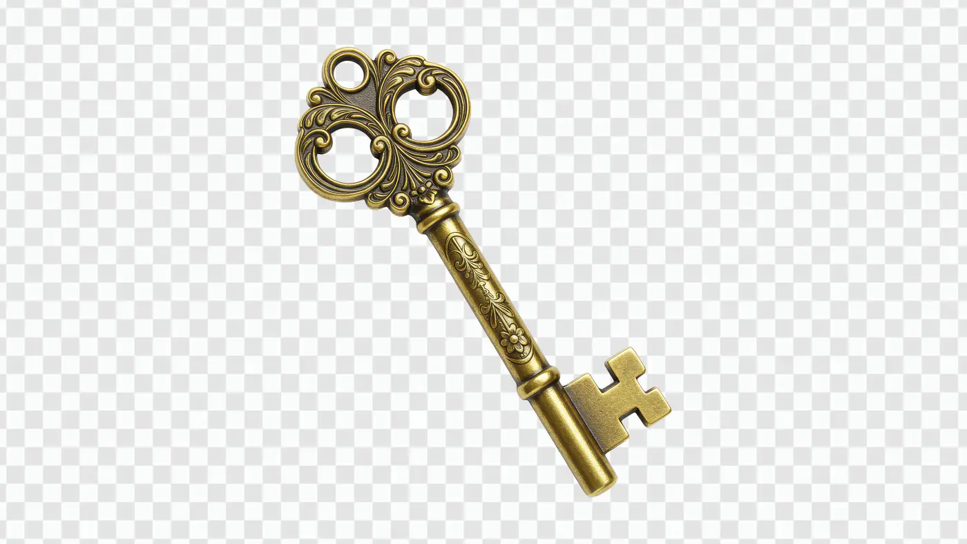 Vintage Ornate Brass Key PNG – Antique Golden Skeleton Key with Transparent Background