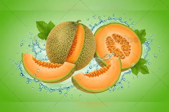 Fresh Cantaloupe Melon Splash with Green Leaves