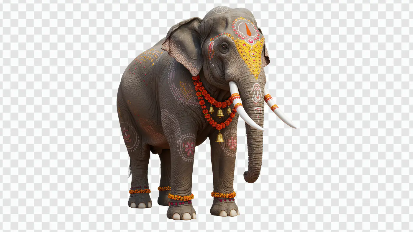 Decorated Indian Elephant with Traditional Paint and Garland for Festival