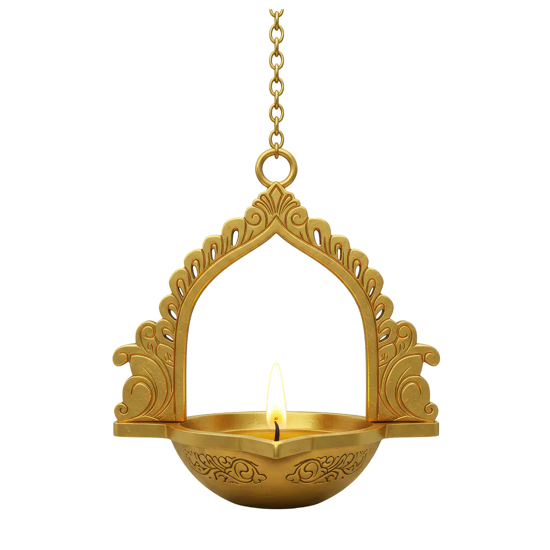 Hanging Brass Diya with Arch Frame – Indian Temple Lamp PNG Clipart