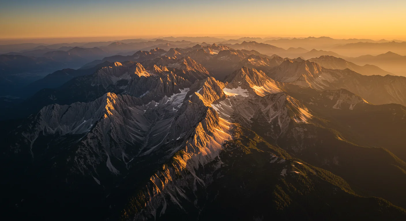 Aerial View of Majestic Mountain Range during Sunset