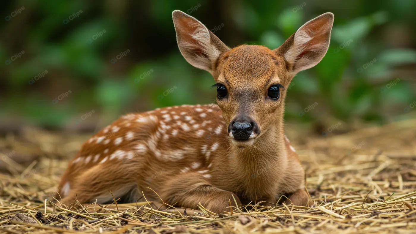 Adorable Baby Deer Resting on Straw in Natural Forest Setting