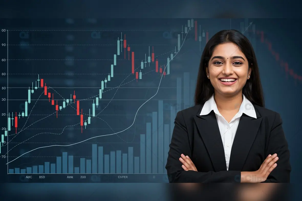 Confident Businesswoman with Stock Market Growth Chart