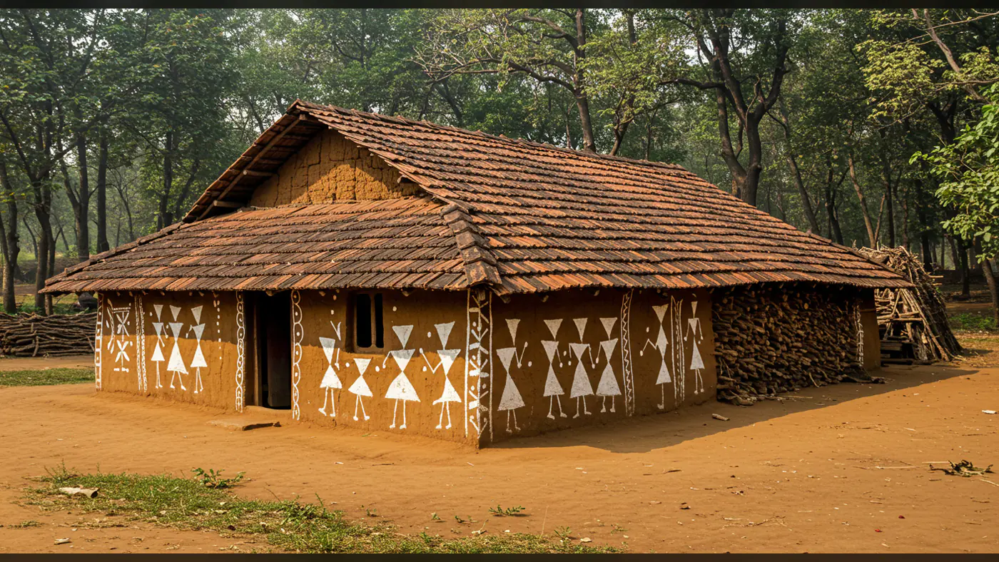 Tribal Indian Village Mud House with Warli Art and Clay Tile Roof