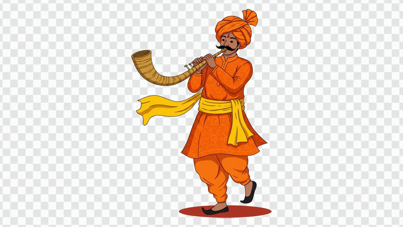 Indian Wedding Shehnai Player PNG Clipart in Orange Traditional Attire