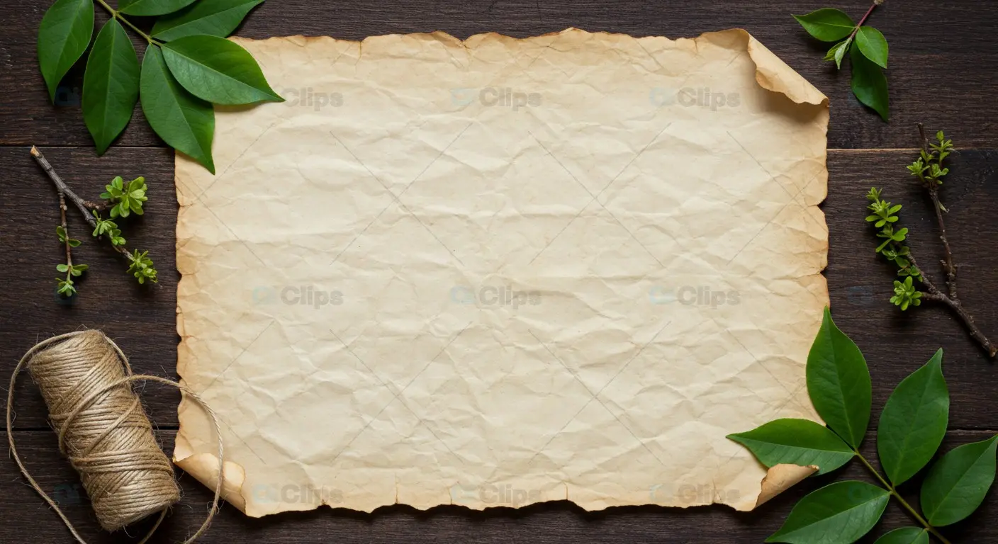Vintage Paper with Green Leaves and Twine on Dark Wood Background