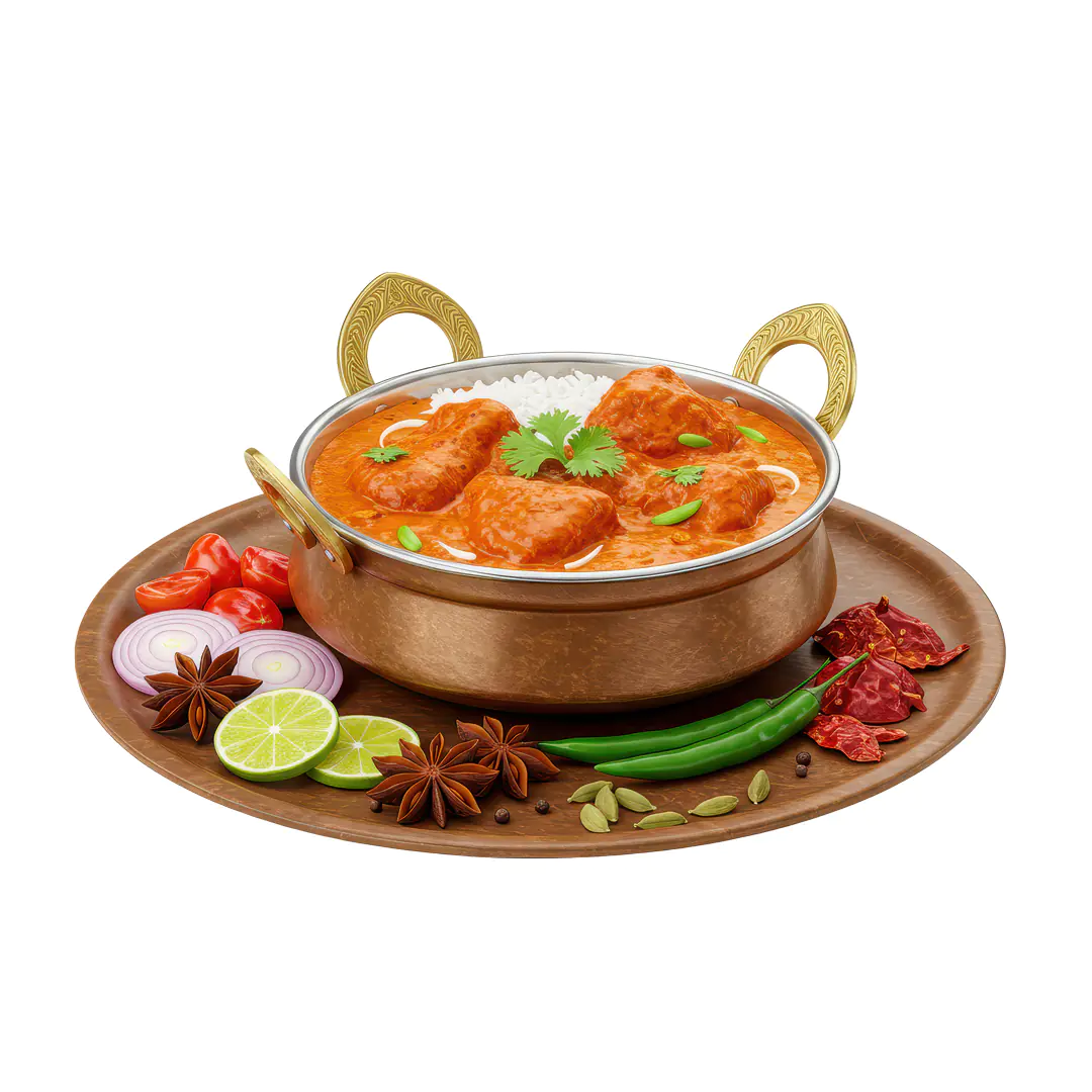 Indian Butter Chicken with Rice PNG – Copper Bowl & Spices on Wooden Platter
