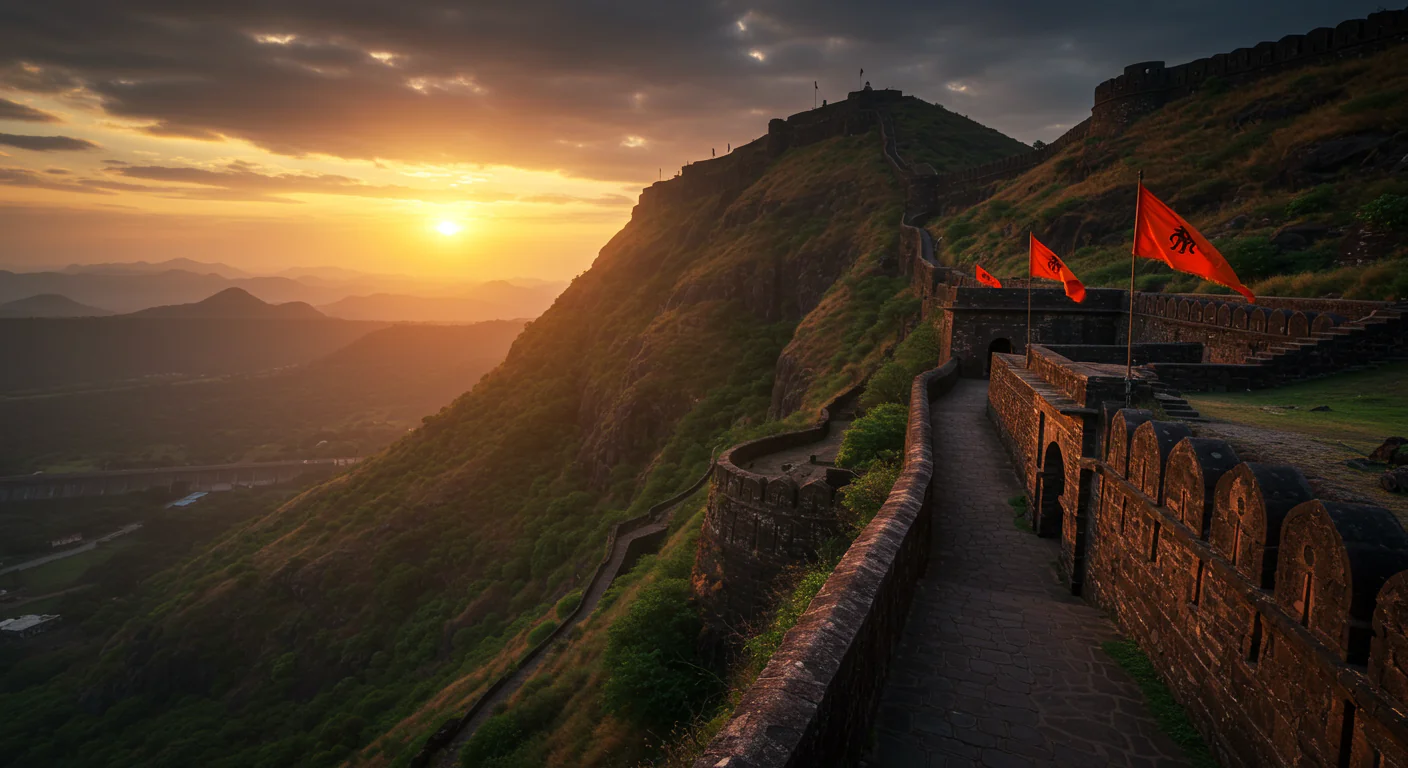 Historic Indian Fort Walkway with Saffron Flags During Sunset