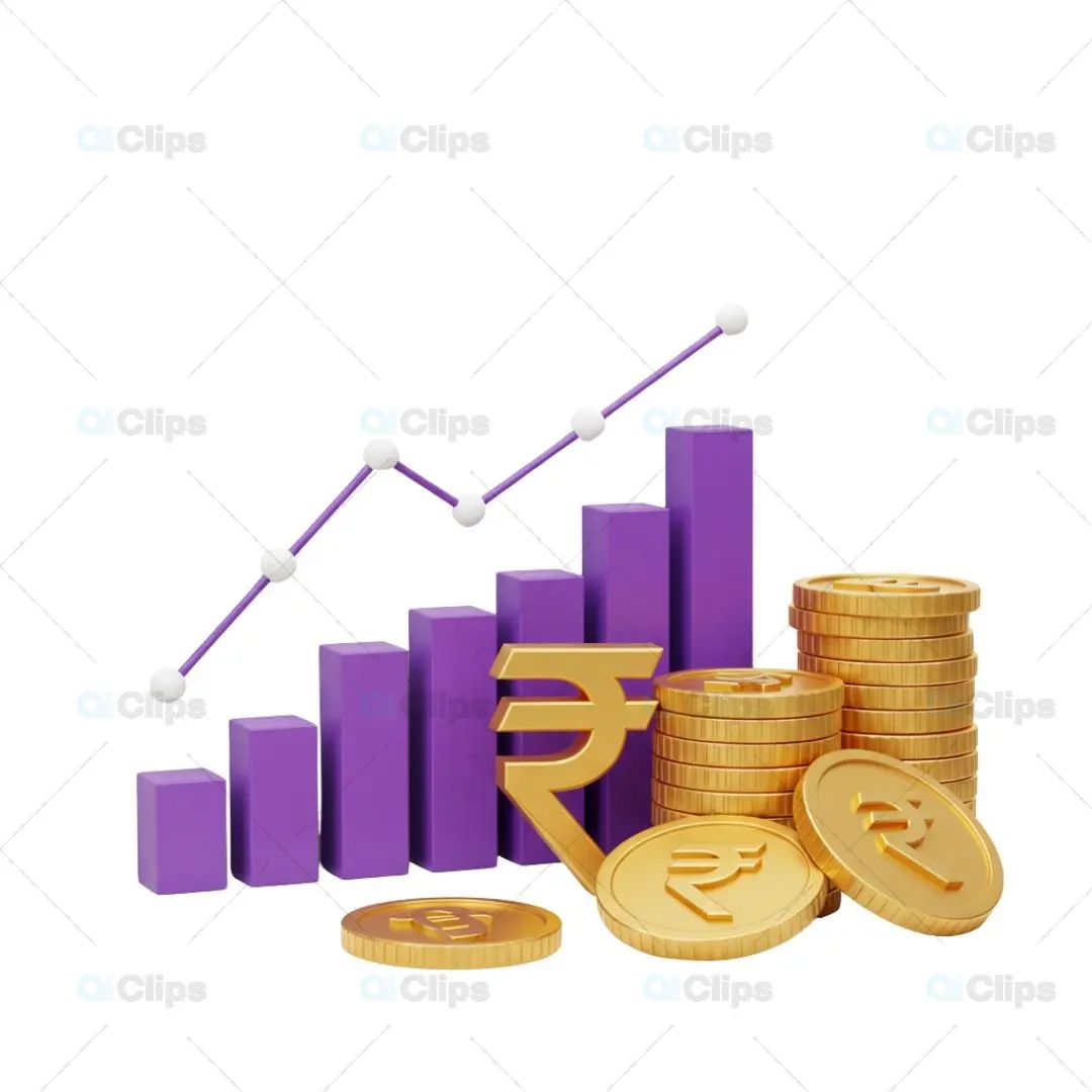 3D Financial Growth Illustration with Rupee Symbol and Bar Chart