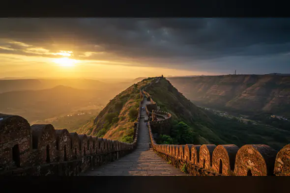 Golden Sunset Over Indian Fort and Mountain Pathway